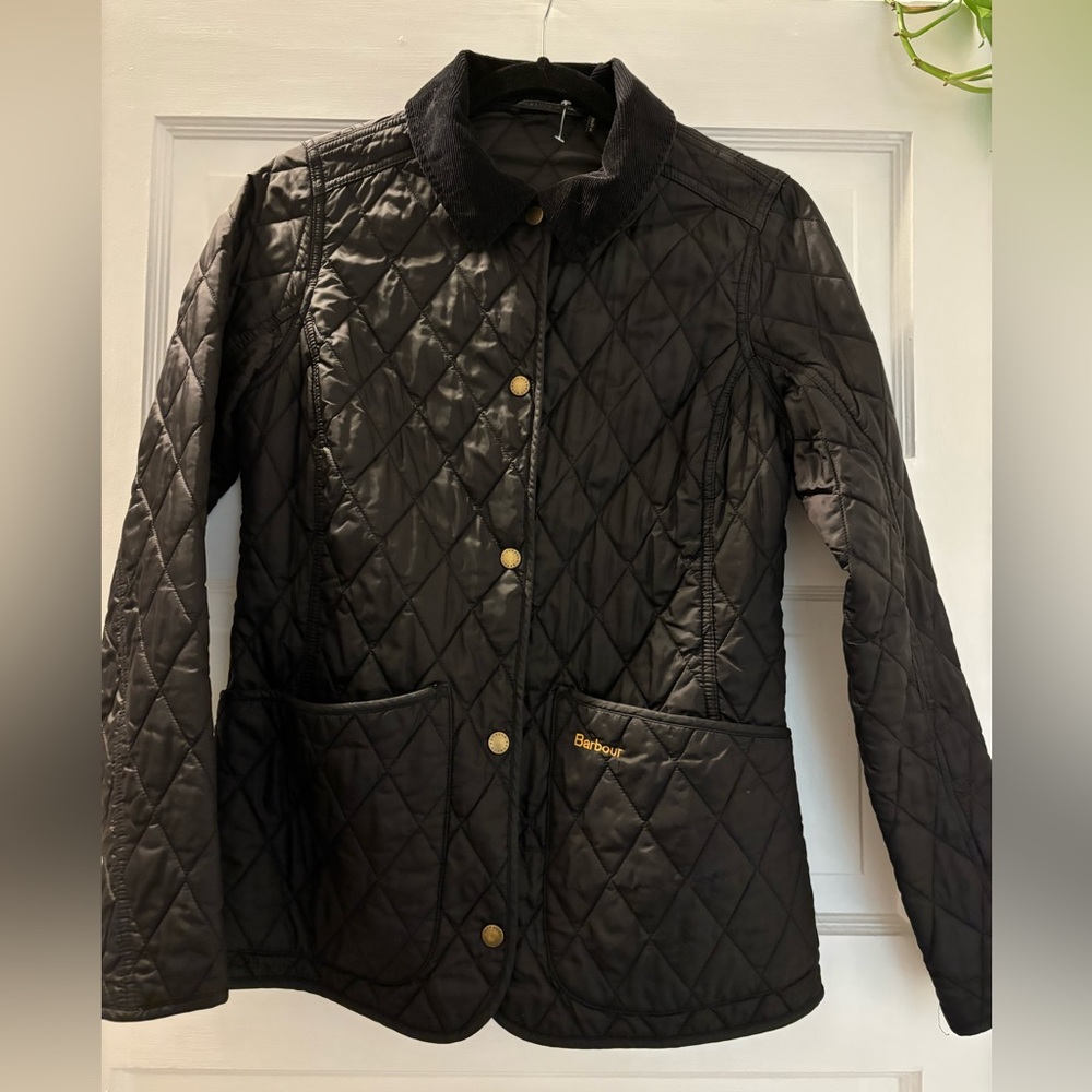Black quilted Barbour with chord collar